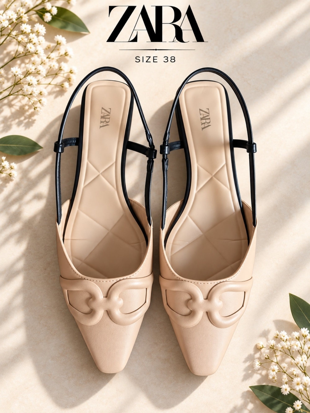 Zara Beige Pointed-Toe Slingback Low Heel Sandals with Black Straps, Size 38